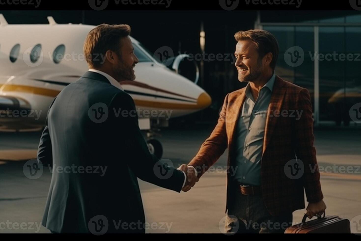 AI Generative Young couple shaking hands with the pilot of a private plane during their vacation  Caucasian people  people lifestyle and transportation concept photo