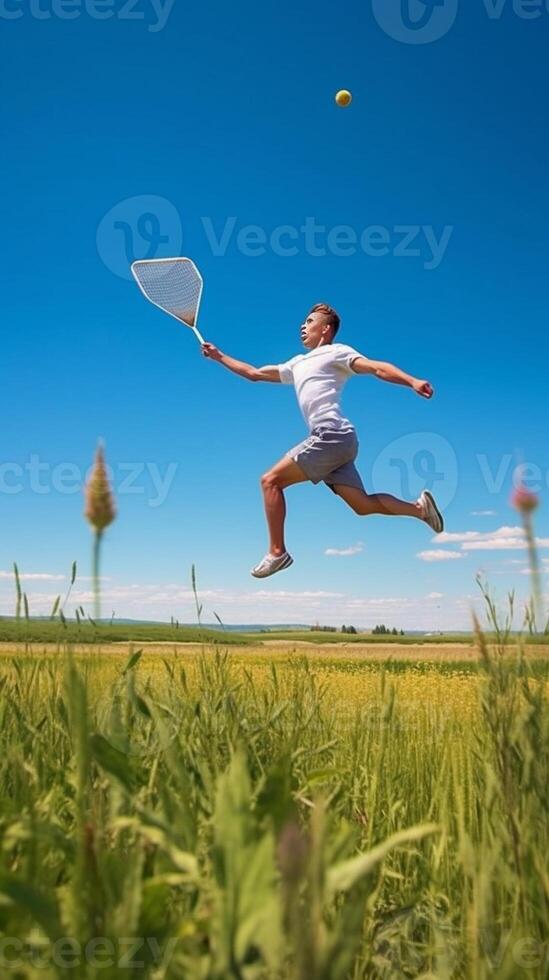 AI Generative Young happy man jumping on a wheat field  Success and happiness concept photo