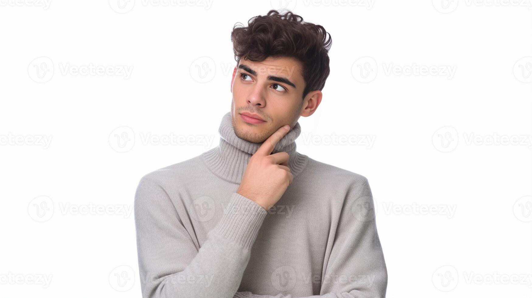 AI Generative Young isolated man thinking over a white background photo