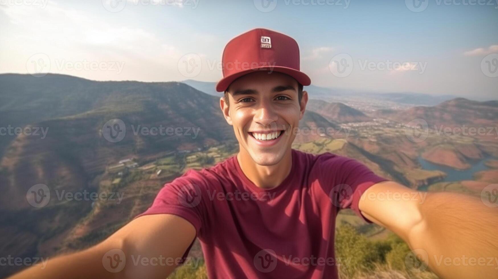 AI Generative Young hiker man taking selfie portrait on the top of mountain  Happy guy smiling at camera  Hiking sport travel and technology concept photo