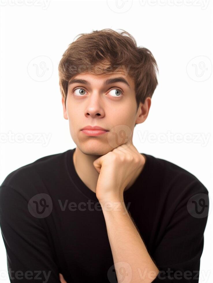 AI Generative Young isolated man thinking over a white background photo