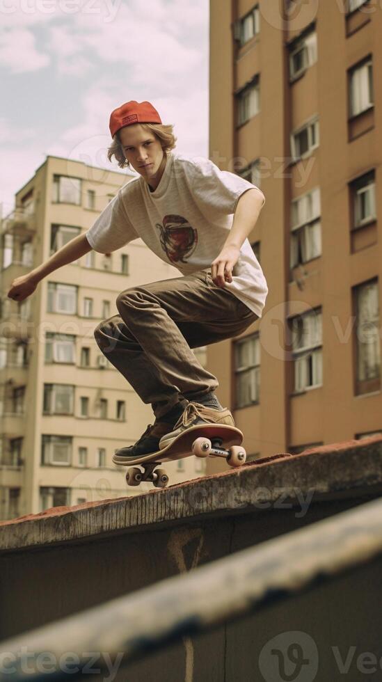 AI Generative Young man riding on a skate in the city street Vintage style photo