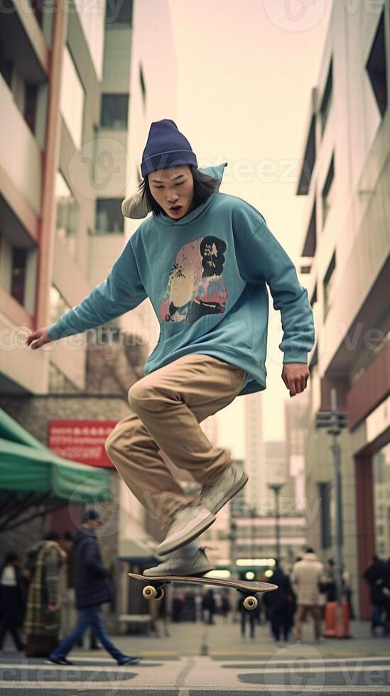 AI Generative Young man riding on a skate in the city street Vintage style photo