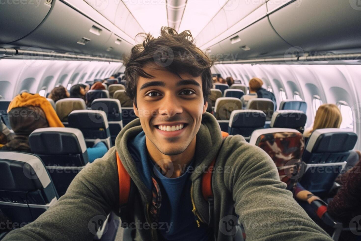 ai generativo joven hombre vistiendo protector cara máscara tomando selfie retrato sentado en el aeronave asiento cerca el ventana durante el vuelo en el avión viaje sin restricciones concepto foto