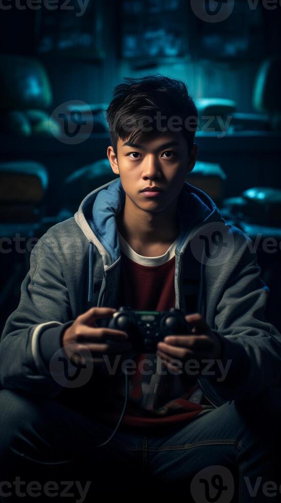 AI Generative Young man with a joystick for game console photo