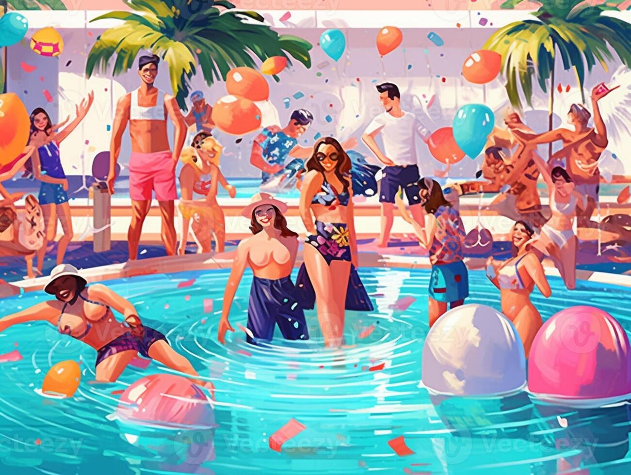 AI Generative Young people having fun at exclusive swimming pool party at a tropical resort at vacation at summer Friends celebrating drinking champagne photo