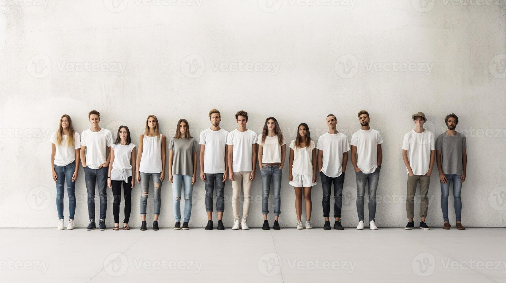 ai generativo joven estudiantes con cara máscara en casual ropa en pie en frente de un gris pared antecedentes nuevo normal concepto con personas yendo a colegio foto