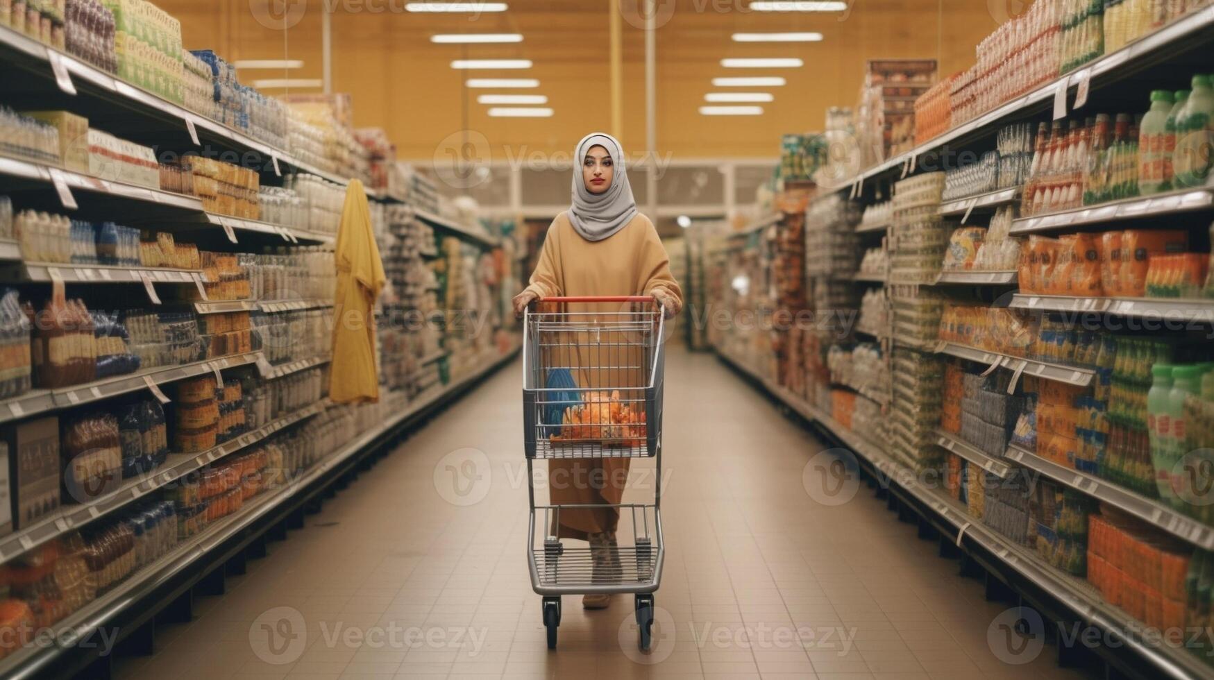 AI Generative Young woman covered by facemask walking through grocery store during COVID19 pandemic photo