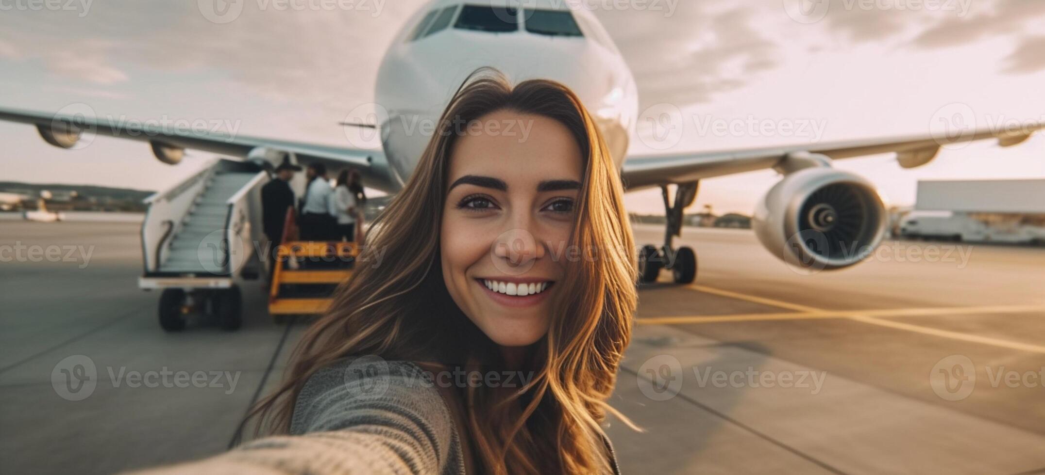 AI Generative Young woman takes a selfie at the airport in front of a plane before the departure Concept about travel and technology photo