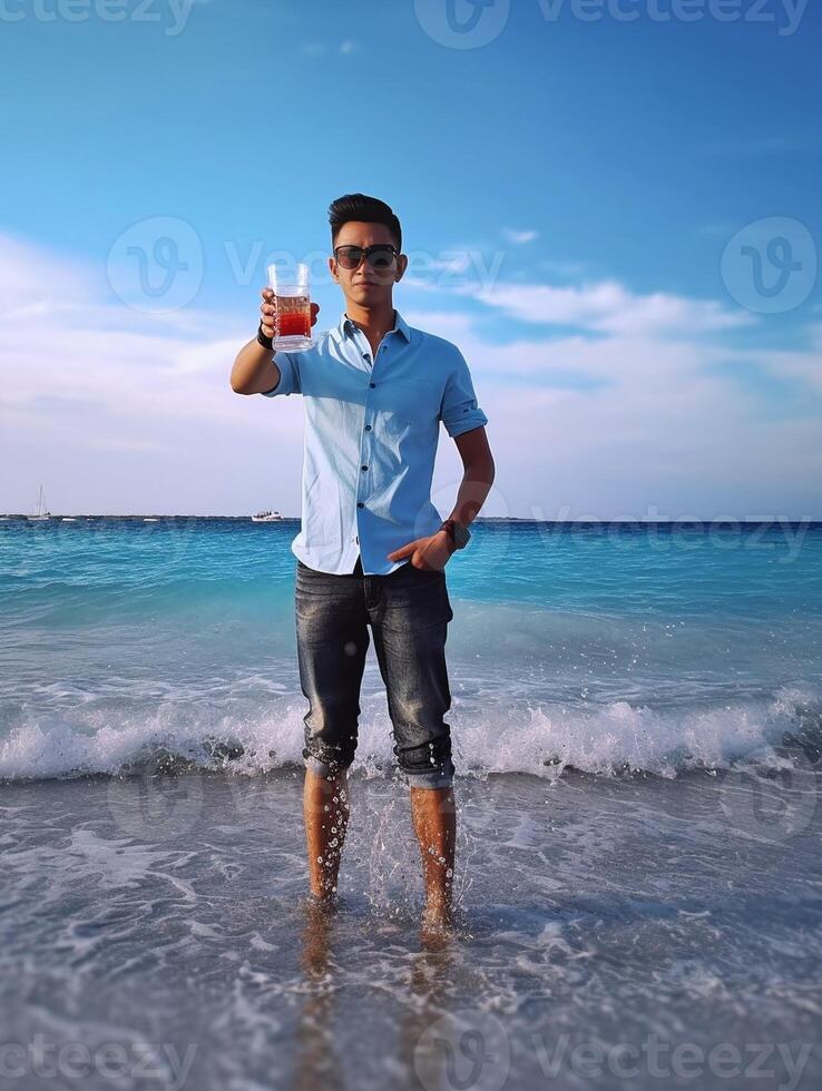 AI Generative boy gets a selfie in front of the sea  lifestyle concept photo