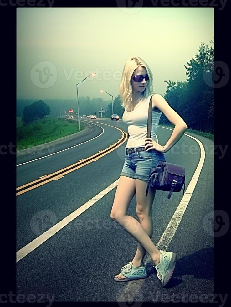 AI Generative girl hitchhiking on his journey  person holiday and lifestyle concept photo