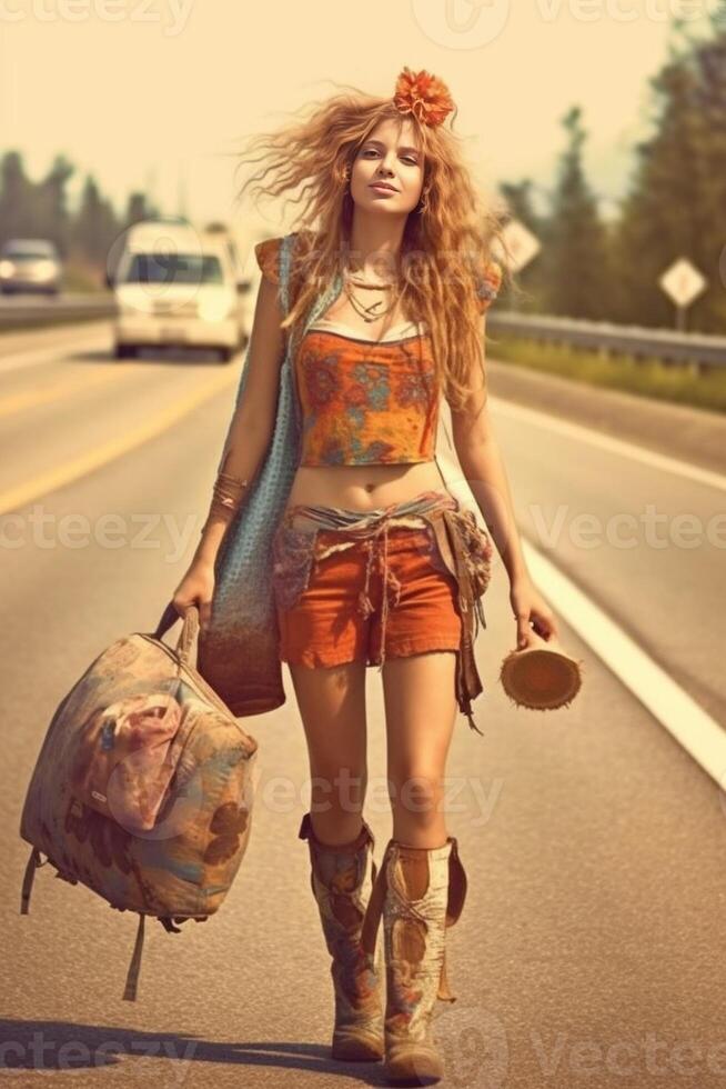 AI Generative girl hitchhiking on his journey  person holiday and lifestyle concept photo