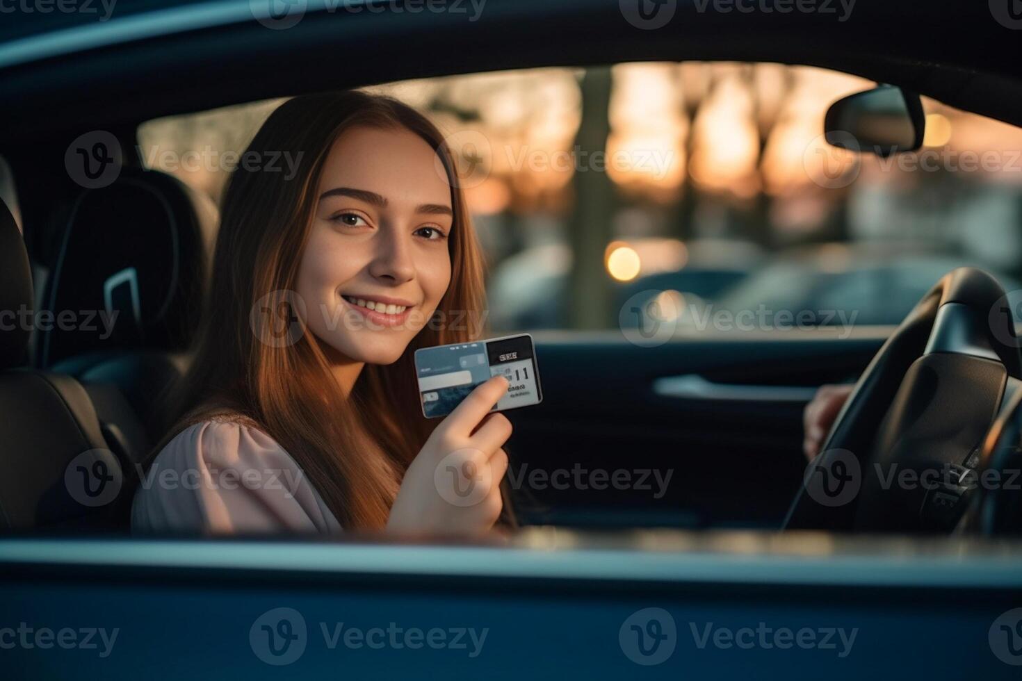 AI Generative girl in the car smiling showing the keys  caucasian people photo