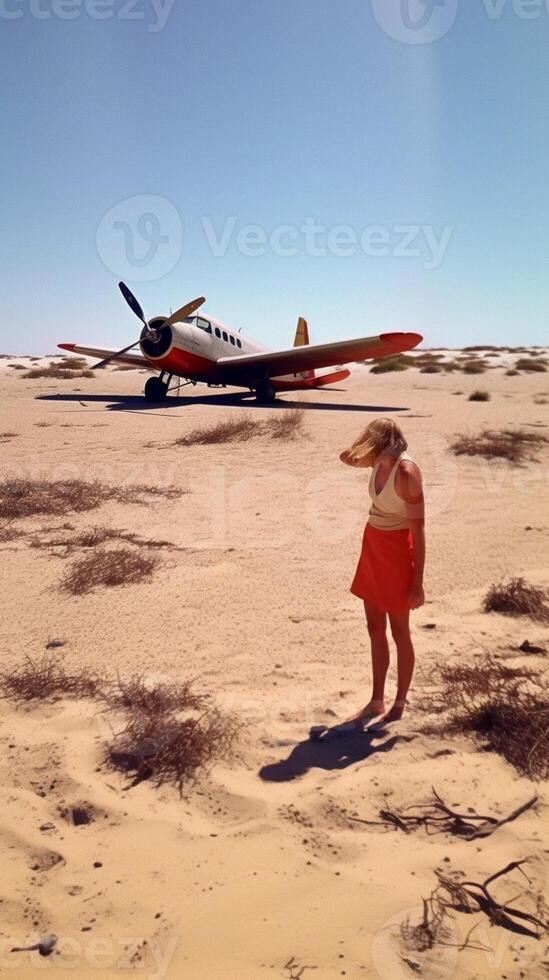 AI Generative pair of desperate tourists for the fault to their private plane while the mechanic tries to fix it photo