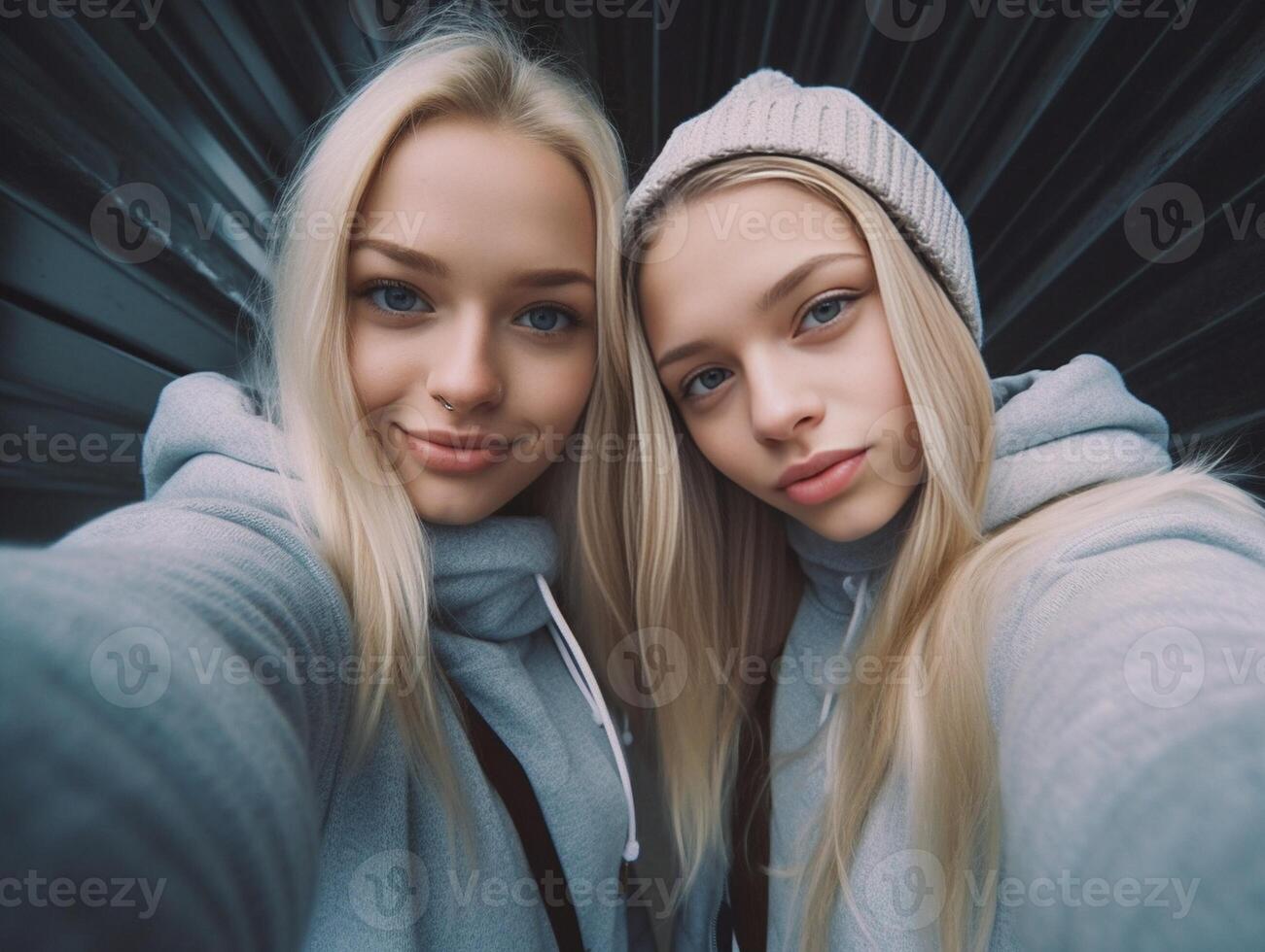 AI Generative two attractive caucasian girls are taking a selfie  concept about people lifestyle and technology photo