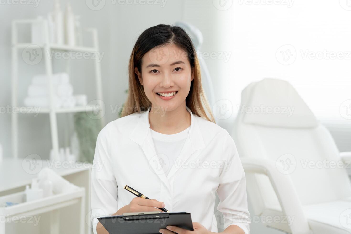 Dermatology and beauty clinic, portrait Aesthetic Doctor, checklist for dermatologists. Beauty salon, spa, massage with equipment to to help relax, physiotherapy, relaxing massage, treatment photo