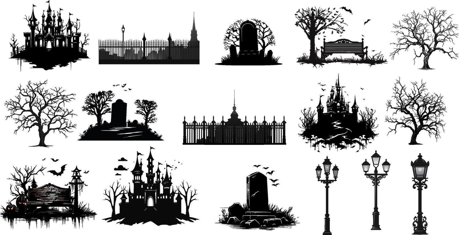 Set of halloween silhouettes black icon and character. Vector illustration. Isolated on white background.