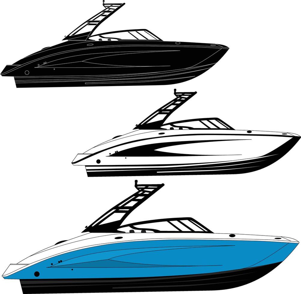 Boat vector, Jet sky boat vector, Motorboat vector line art illustration and one color.