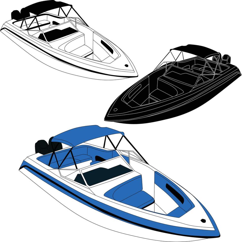Boat vector, Jet sky boat vector, Motorboat vector line art illustration and one color.