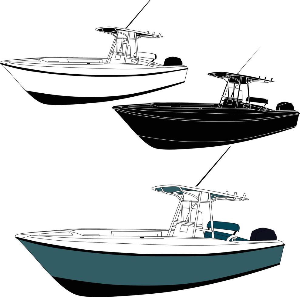 Boat vector, Fishing boat vector, Motorboat vector line art illustration.