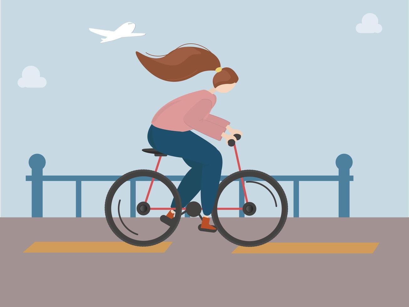 joven moderno mujer montando bicicleta en la carretera. contento ciclista en bicicleta en naturaleza. Respetuoso del medio ambiente transporte concepto. de colores plano vector ilustración aislado en azul antecedentes