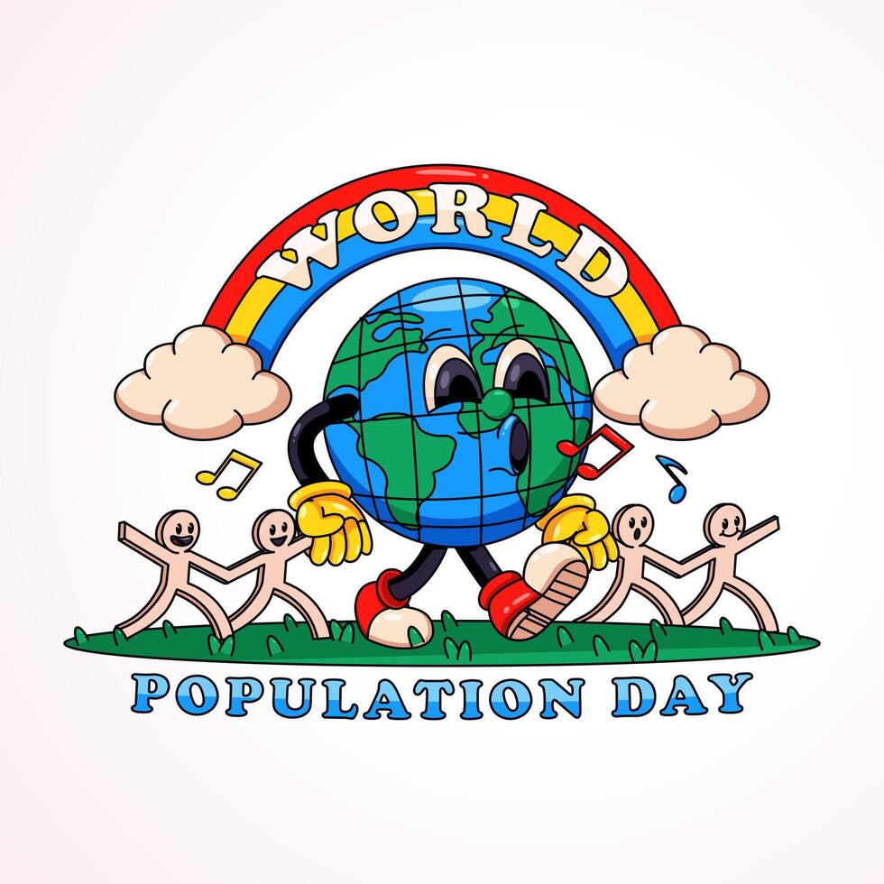 World population day, the earth walks happily holding a paper man, perfect for logos, t-shirts, stickers and posters vector