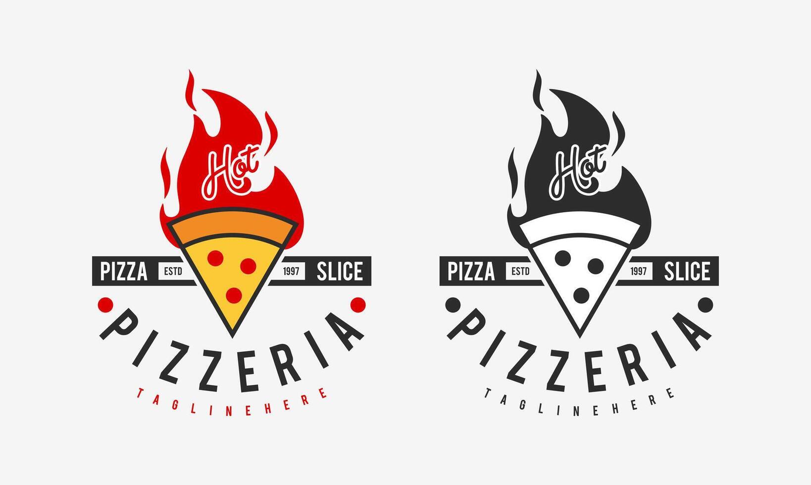 caliente pizzería restaurante Clásico logo diseño. Pizza rebanada símbolo para comida bebida y restaurante. vector