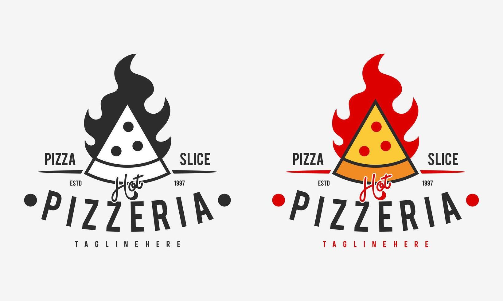 caliente pizzería restaurante Clásico logo diseño. Pizza rebanada símbolo para comida bebida y restaurante. vector