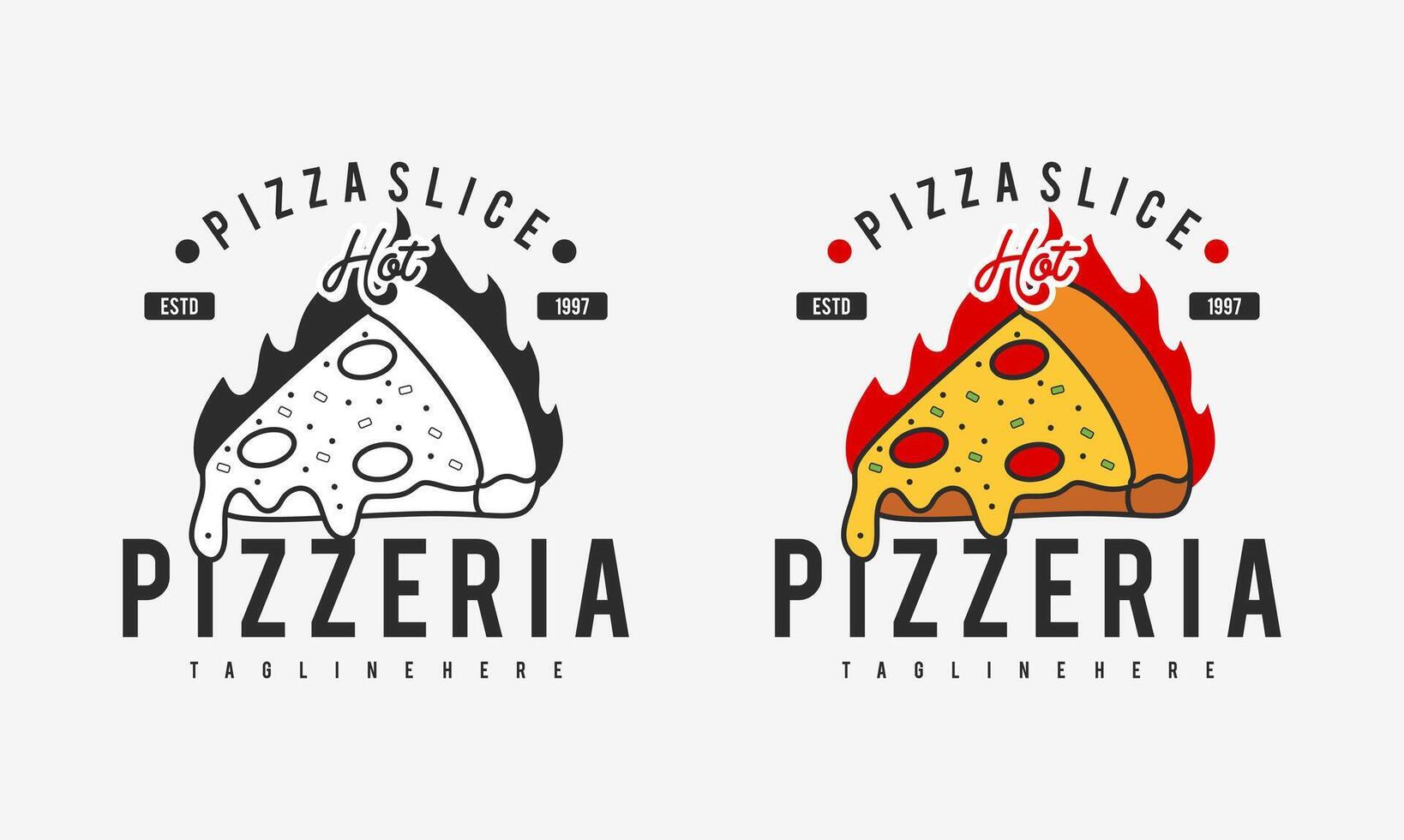 caliente pizzería restaurante Clásico logo diseño. Pizza rebanada símbolo para comida bebida y restaurante. vector