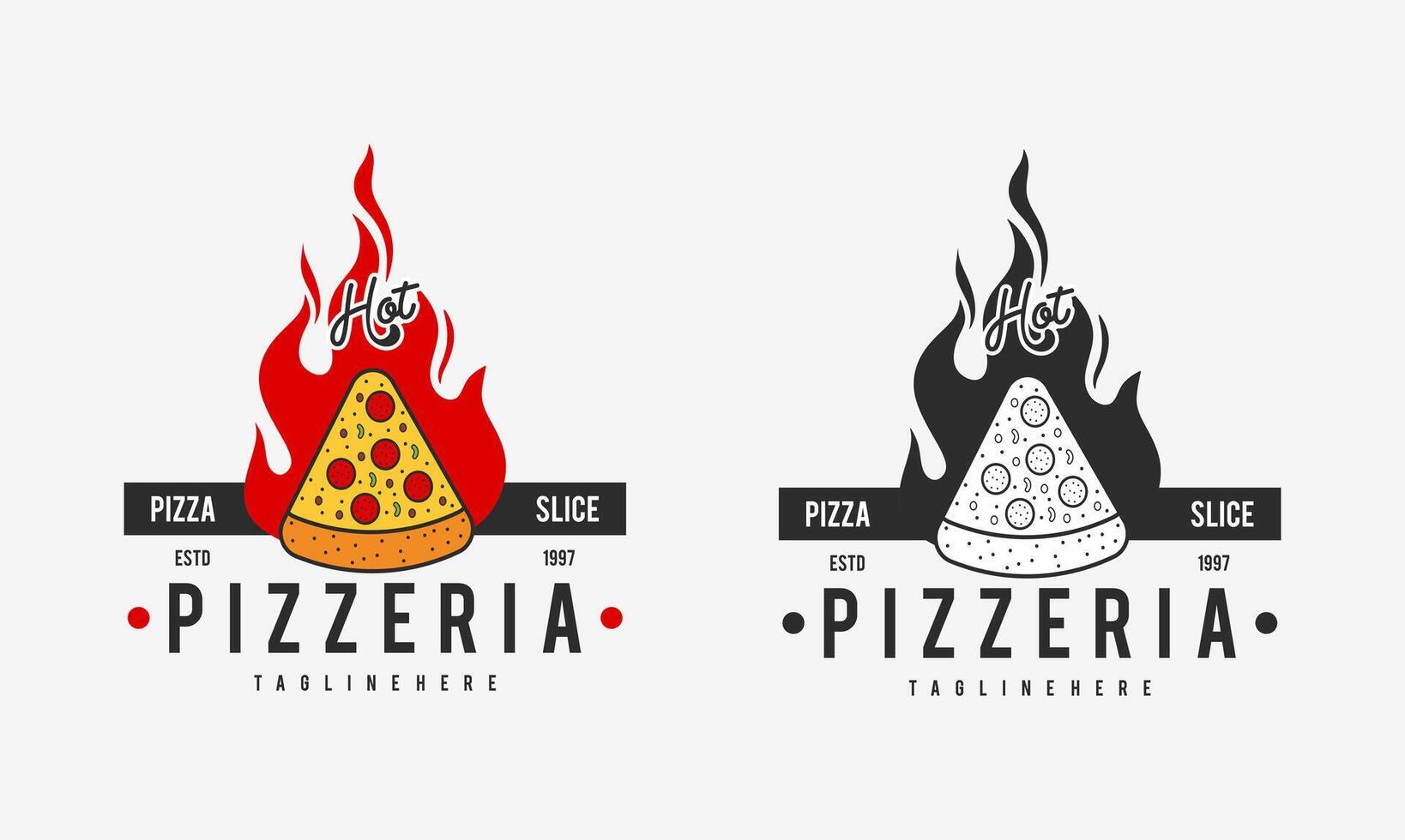 caliente pizzería restaurante Clásico logo diseño. Pizza rebanada símbolo para comida bebida y restaurante. vector