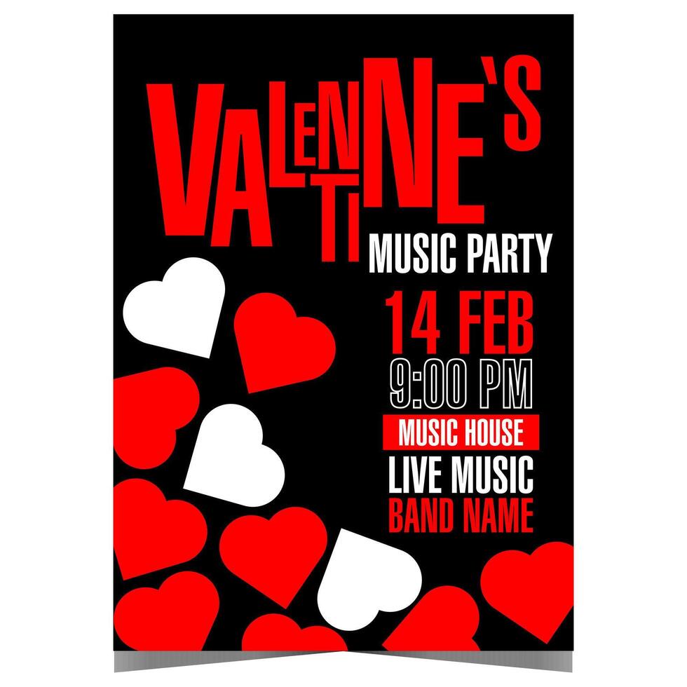 Valentine's Day music party poster with red and white hearts on a black background. Invitation banner, leaflet or flyer for disco dance show at night club dedicated to Feast of Saint Valentine. vector