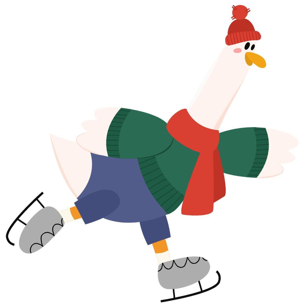 Cute goose in a hat and scarf ice skating. Have an ice day.Used for greeting card, and poster design. vector