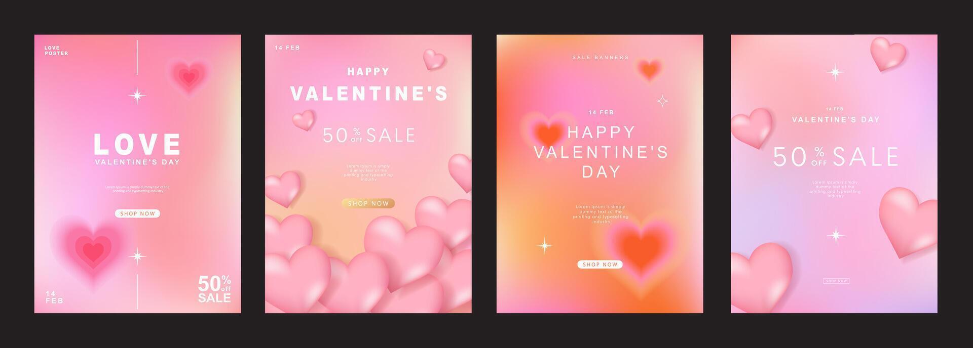 conjunto de moderno diseño plantillas para san valentin día, amor tarjeta, bandera, póster, cubrir, invitación. de moda minimalista estético con gradientes y tipografía, y2k antecedentes. vector ilustración.