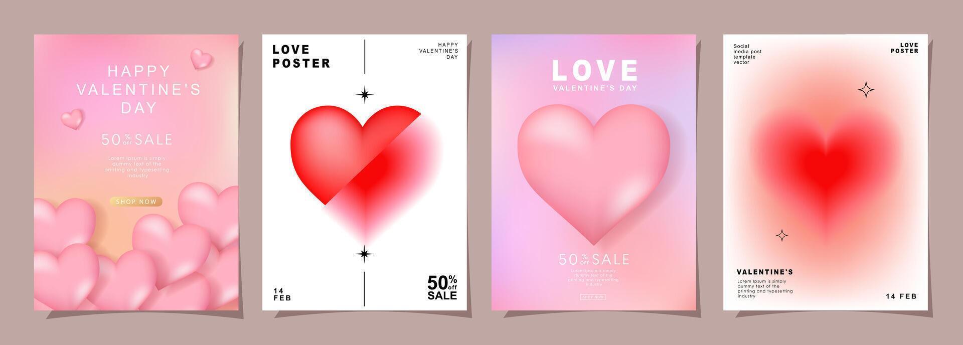 Set of Modern design templates for Valentines day, Love card, banner, poster, cover, invitation. Trendy minimalist aesthetic with gradients and typography, y2k backgrounds. vector illustration.