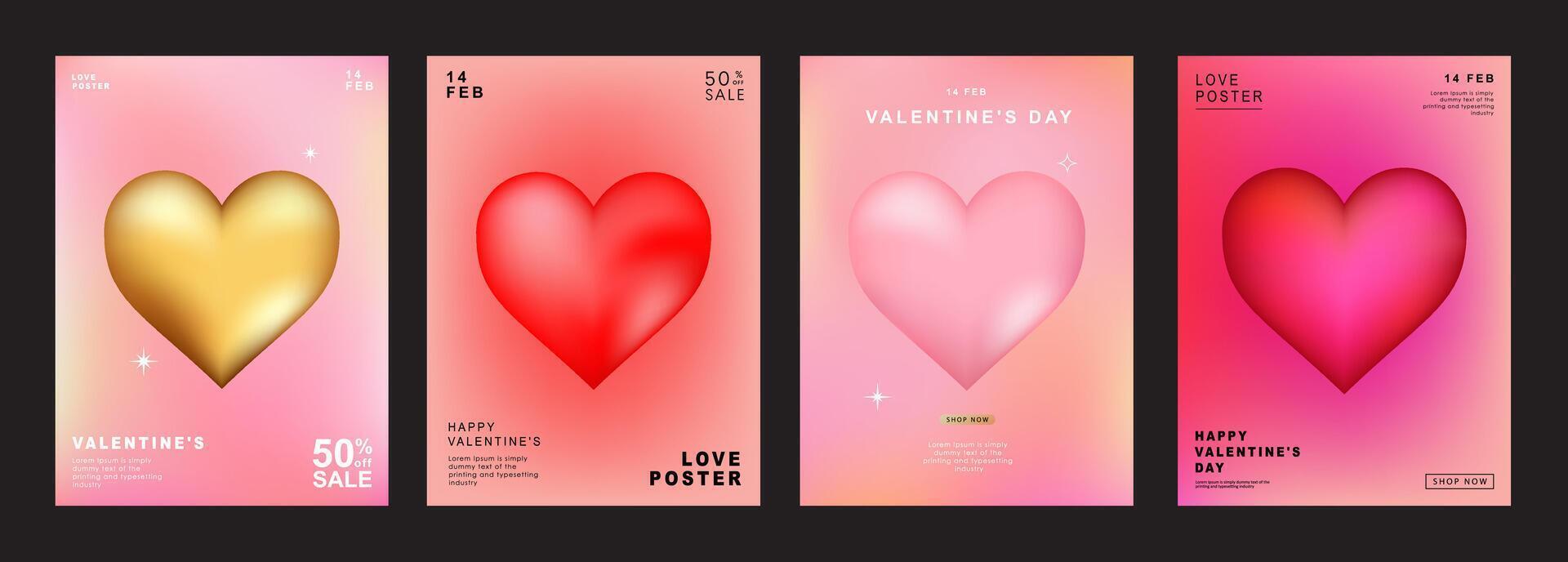 Set of Modern design templates for Valentines day, Love card, banner, poster, cover, invitation. Trendy minimalist aesthetic with gradients and typography, y2k backgrounds. vector illustration.