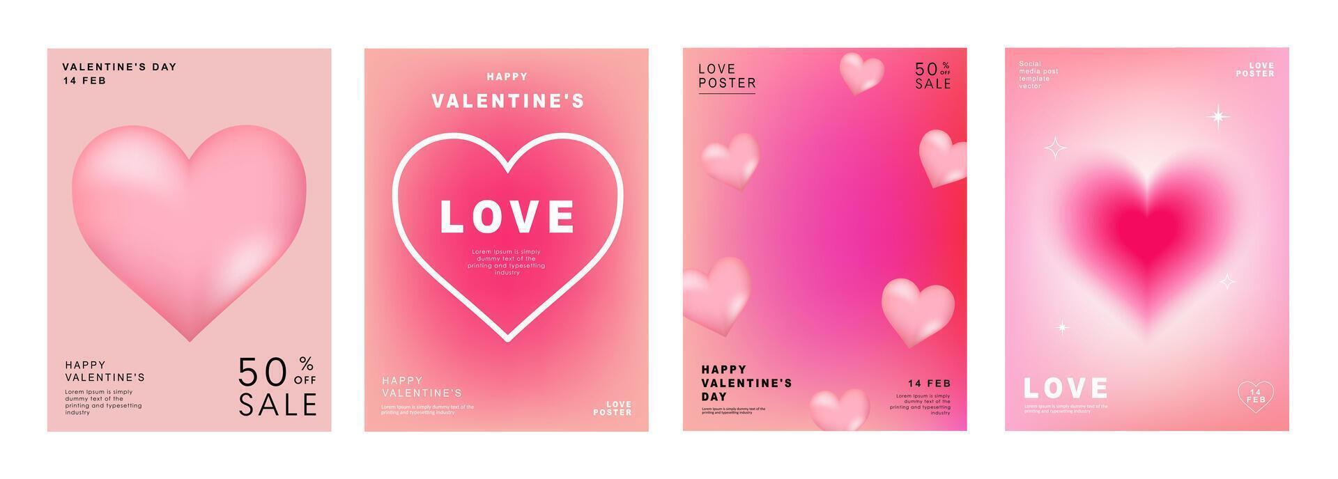 Set of Modern design templates for Valentines day, Love card, banner, poster, cover, invitation. Trendy minimalist aesthetic with gradients and typography, y2k backgrounds. vector illustration.