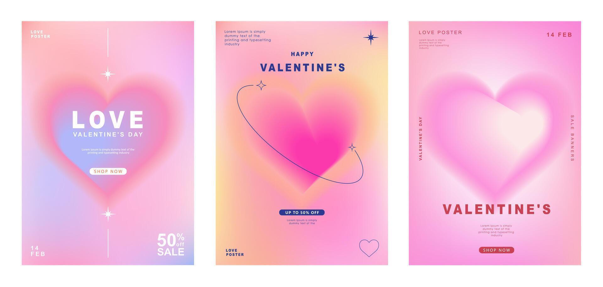 Set of Modern design templates for Valentines day, Love card, banner, poster, cover, invitation. Trendy minimalist aesthetic with gradients and typography, y2k backgrounds. vector illustration.