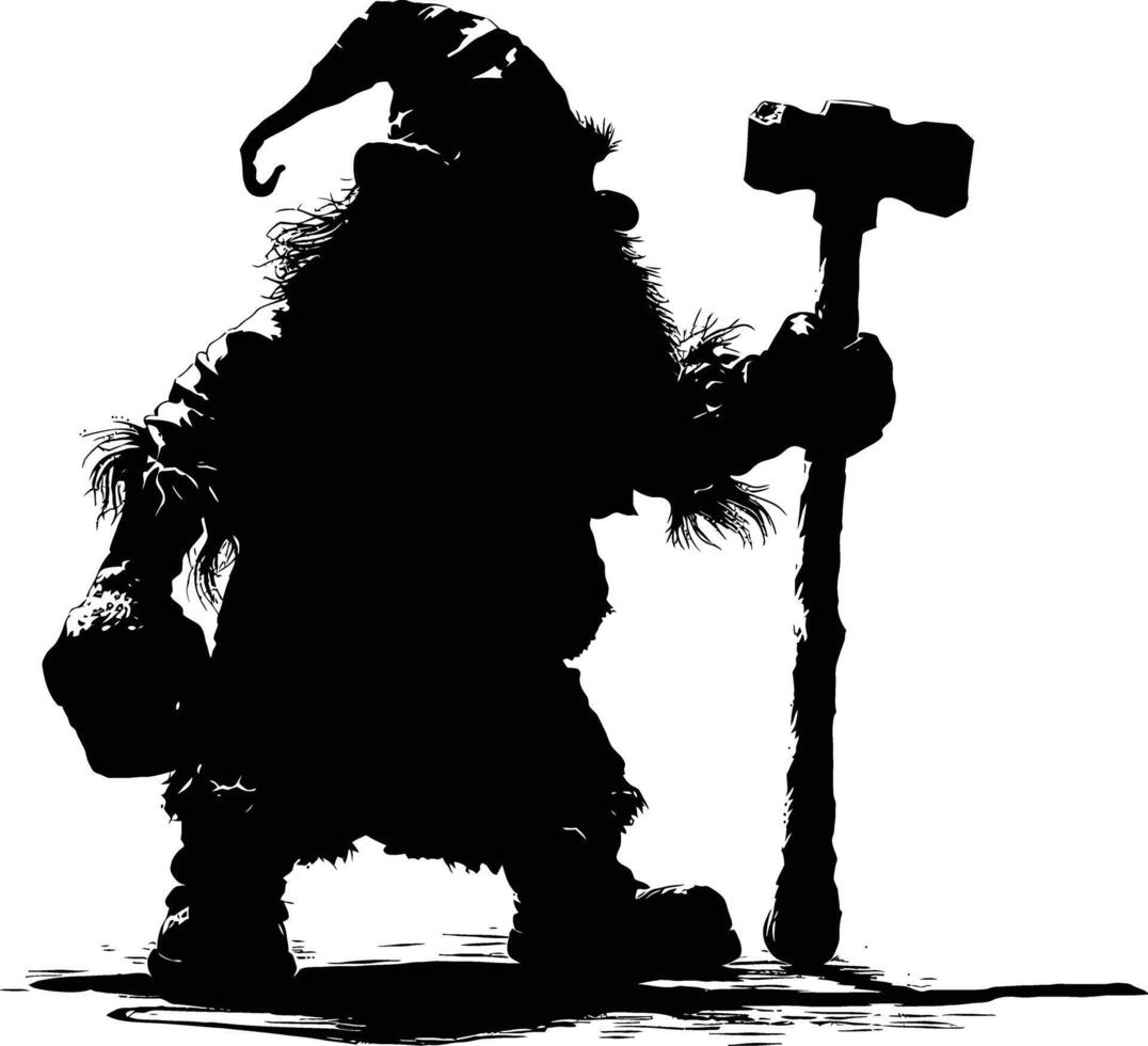 AI generated Silhouette dwarf mythical race from game with hammer black color only vector