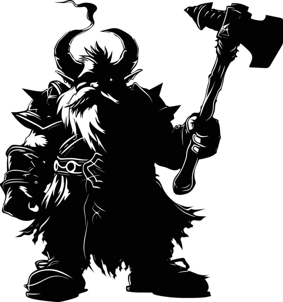 AI generated Silhouette dwarf mythical race from game with hammer black color only vector