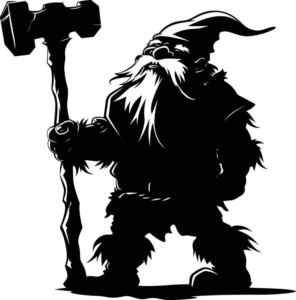 AI generated Silhouette dwarf mythical race from game with hammer black color only vector