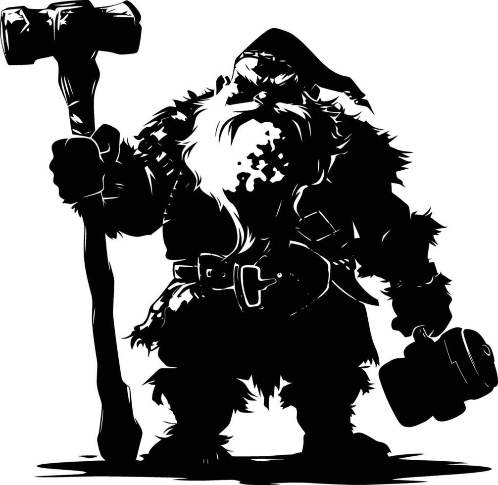 AI generated Silhouette dwarf mythical race from game with hammer black color only vector