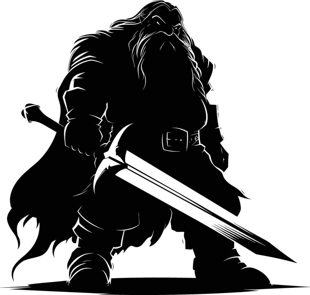 AI generated Silhouette dwarf mythical race from game with sword black color only vector