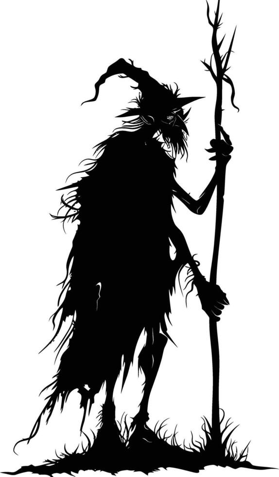 AI generated Silhouette goblin mythical race from game mage wit staff black color only vector