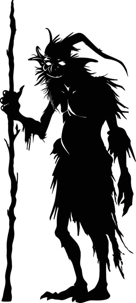 AI generated Silhouette goblin mythical race from game mage wit staff black color only vector