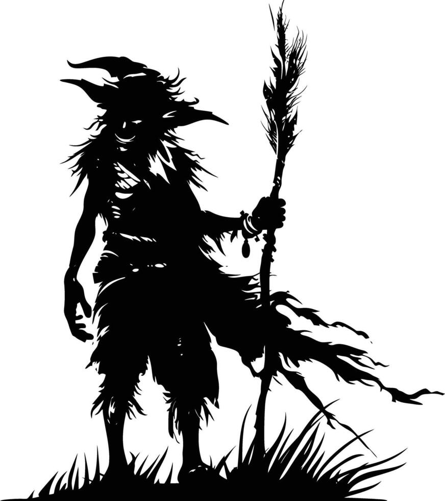 AI generated Silhouette goblin mythical race from game mage wit staff black color only vector