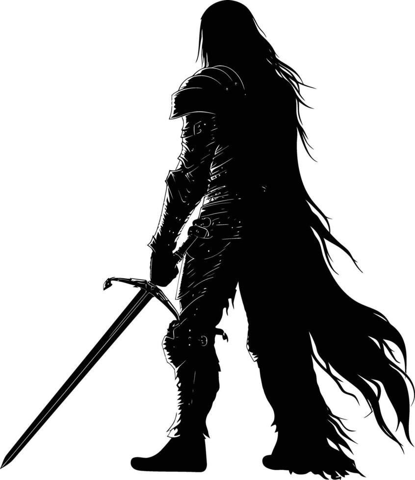 AI generated Silhouette elf or elves mythical race from game warrior hold sword black color only vector
