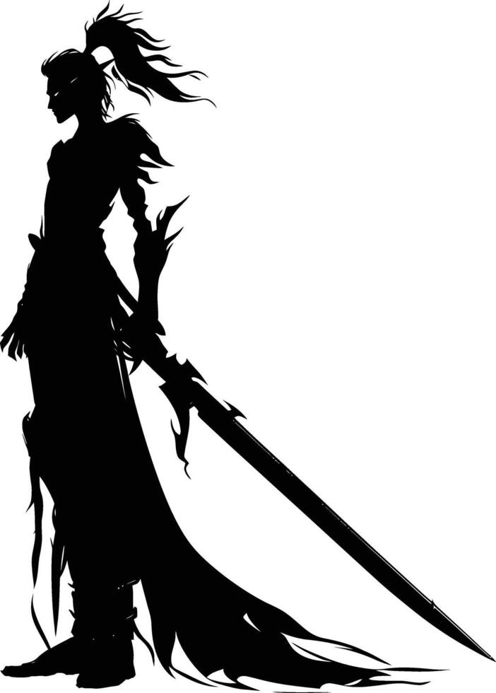 AI generated Silhouette elf or elves mythical race from game warrior hold sword black color only vector