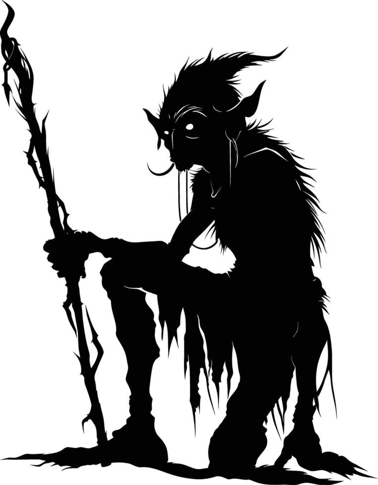 AI generated Silhouette goblin mythical race from game mage wit staff black color only vector