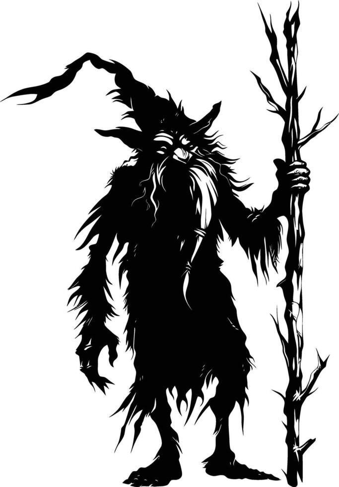 AI generated Silhouette goblin mythical race from game mage wit staff black color only vector