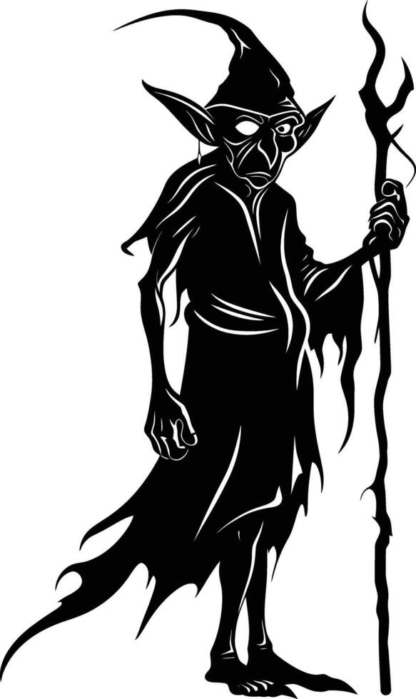 AI generated Silhouette goblin mythical race from game mage wit staff black color only vector